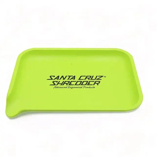 Bright green rolling tray with 'Santa Cruz Shredder' logo on white background