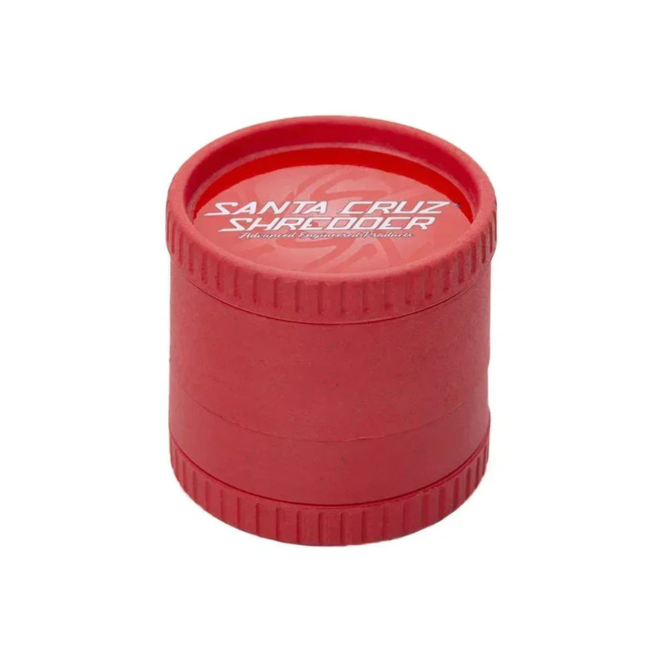 Red 4-piece eco-friendly hemp grinder with Santa Cruz Shredder text on lid
