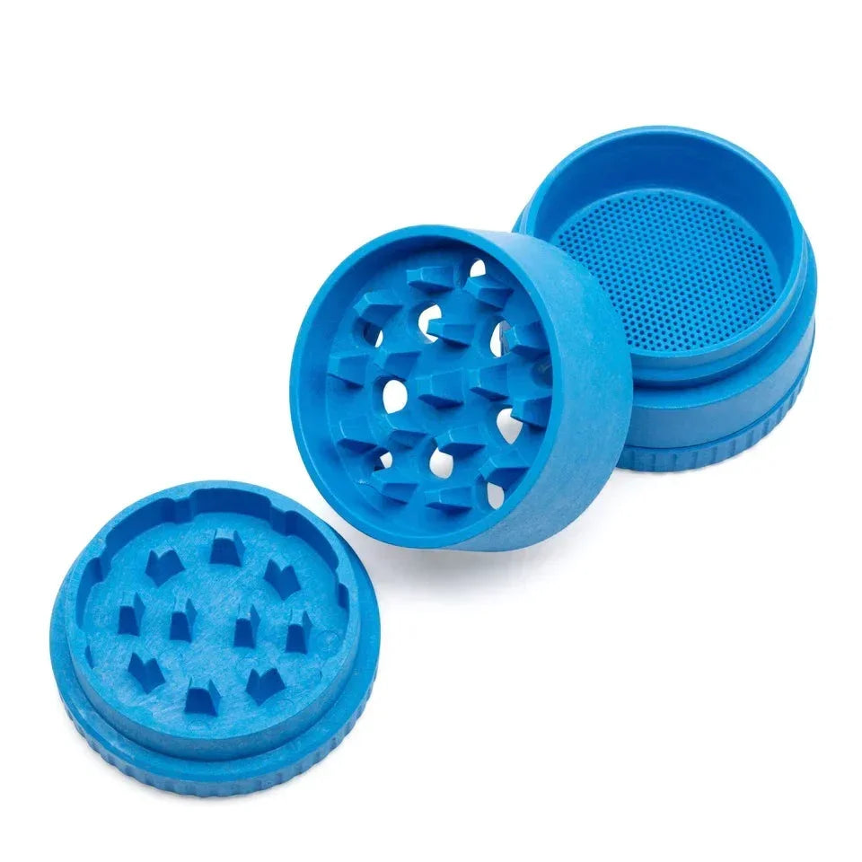 Blue eco-friendly biodegradable hemp 4-piece grinder with sharp teeth and mesh screen