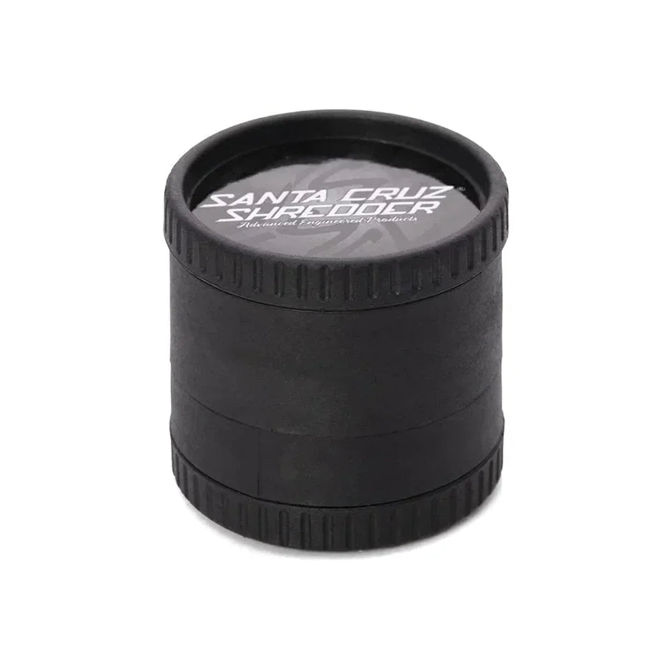 Black eco-friendly hemp grinder with textured grip and visible Santa Cruz Shredder logo