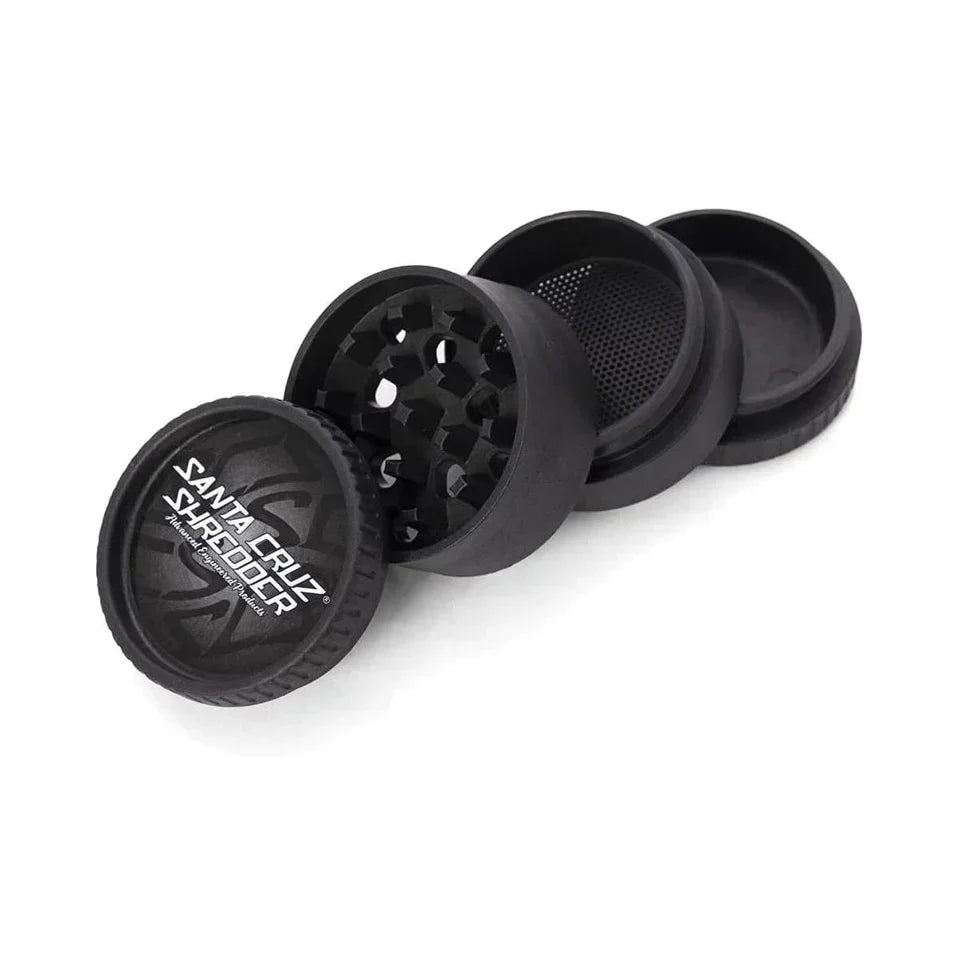 Black four-piece biodegradable hemp herb grinder with sifter, eco-friendly design