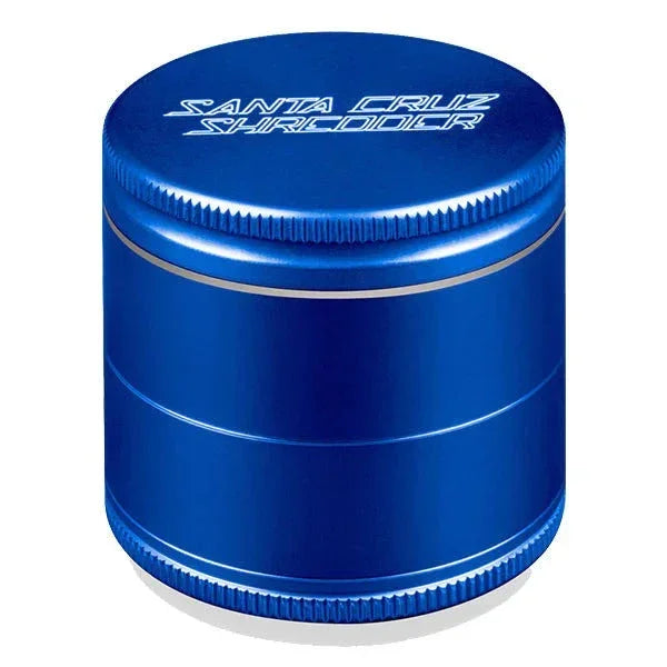 Blue Santa Cruz Shredder medium aluminum herb grinder with textured lid and engraving