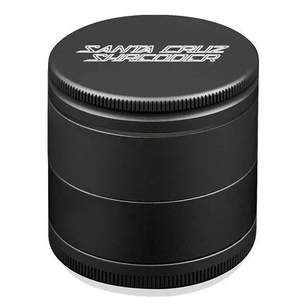 Matte black medium herb grinder with Santa Cruz Shredder logo on top