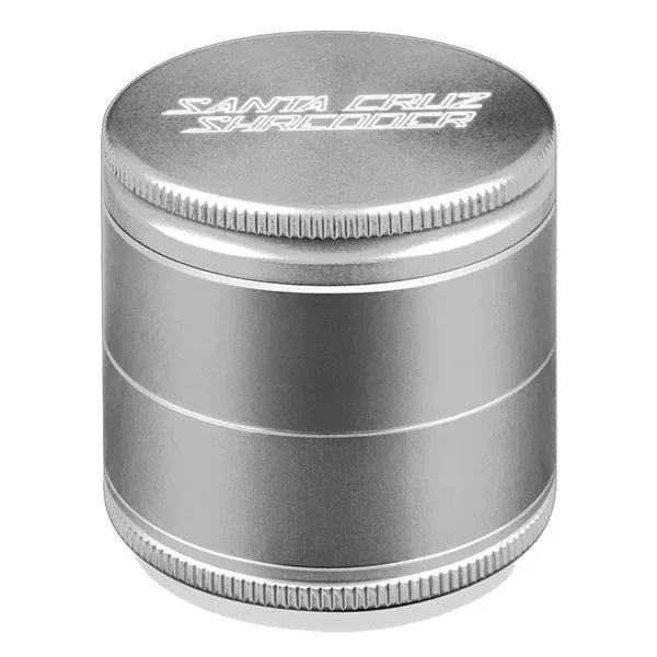Silver Santa Cruz Shredder medium herb grinder with textured edges and engraved lid.