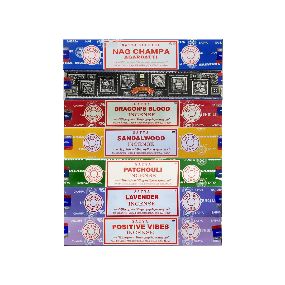 Assorted Satya incense boxes including Nag Champa, Super Hit, Dragon's Blood, Sandalwood, Patchouli, Lavender, and Positive Vibes, stacked vertically.