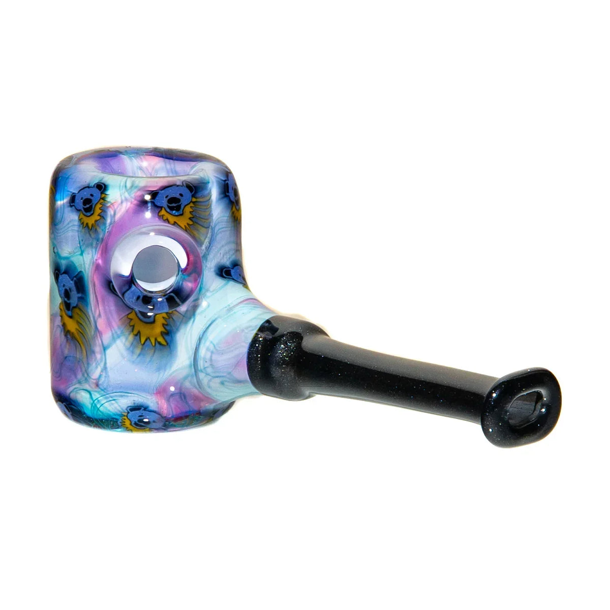Colorful glass hand pipe with cartoon koala and lion faces, black mouthpiece