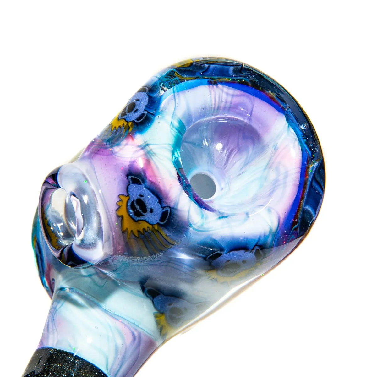 Colorful glass hand pipe with swirling patterns and blue bear designs