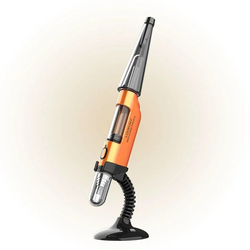 Orange electronic dab straw vaporizer with flexible black stand on white background