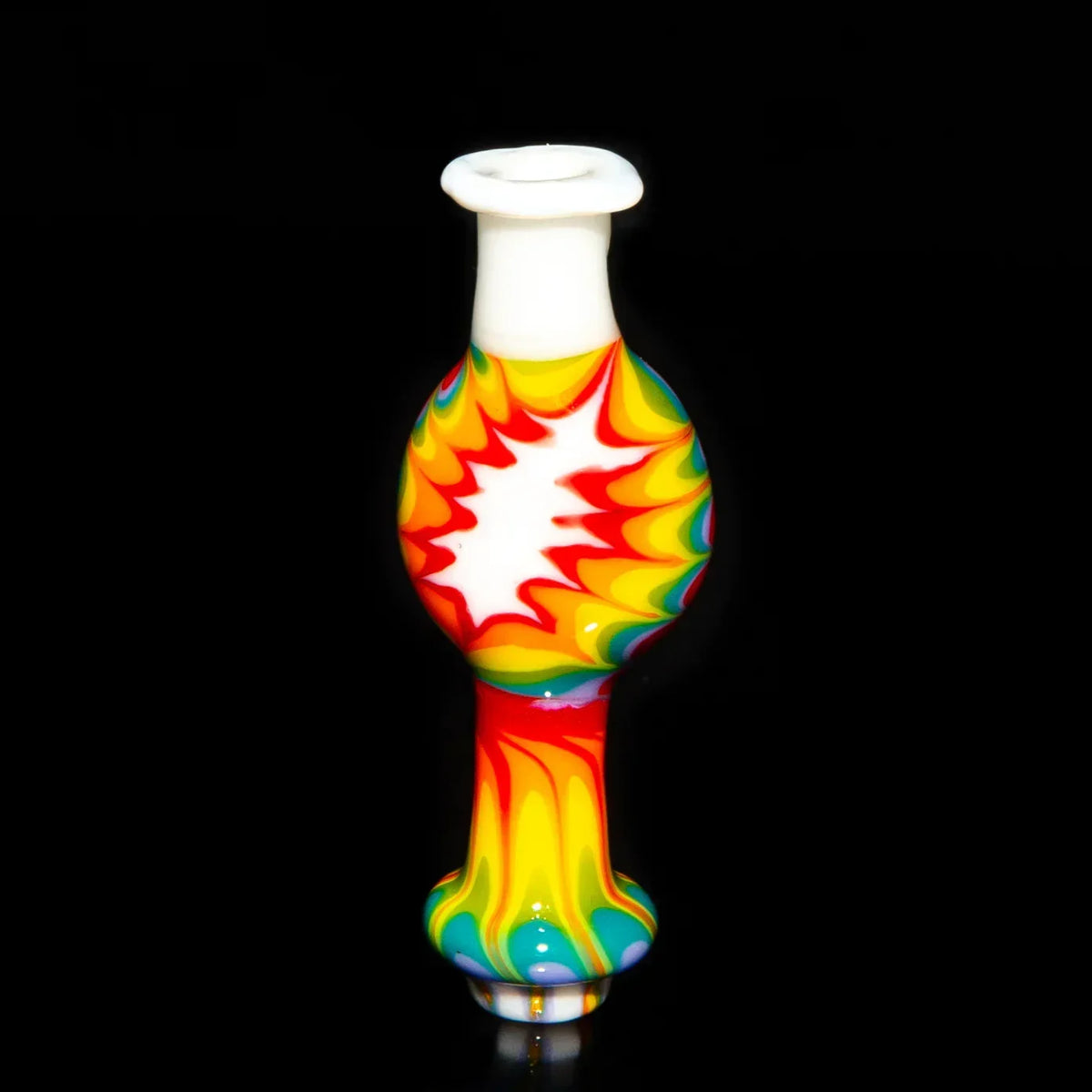 Colorful glass hand pipe with psychedelic rainbow swirl design on black background