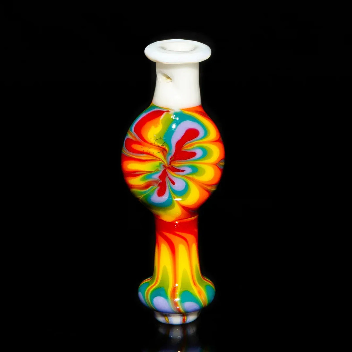 Colorful hand-blown glass pipe with rainbow swirl design on a black background