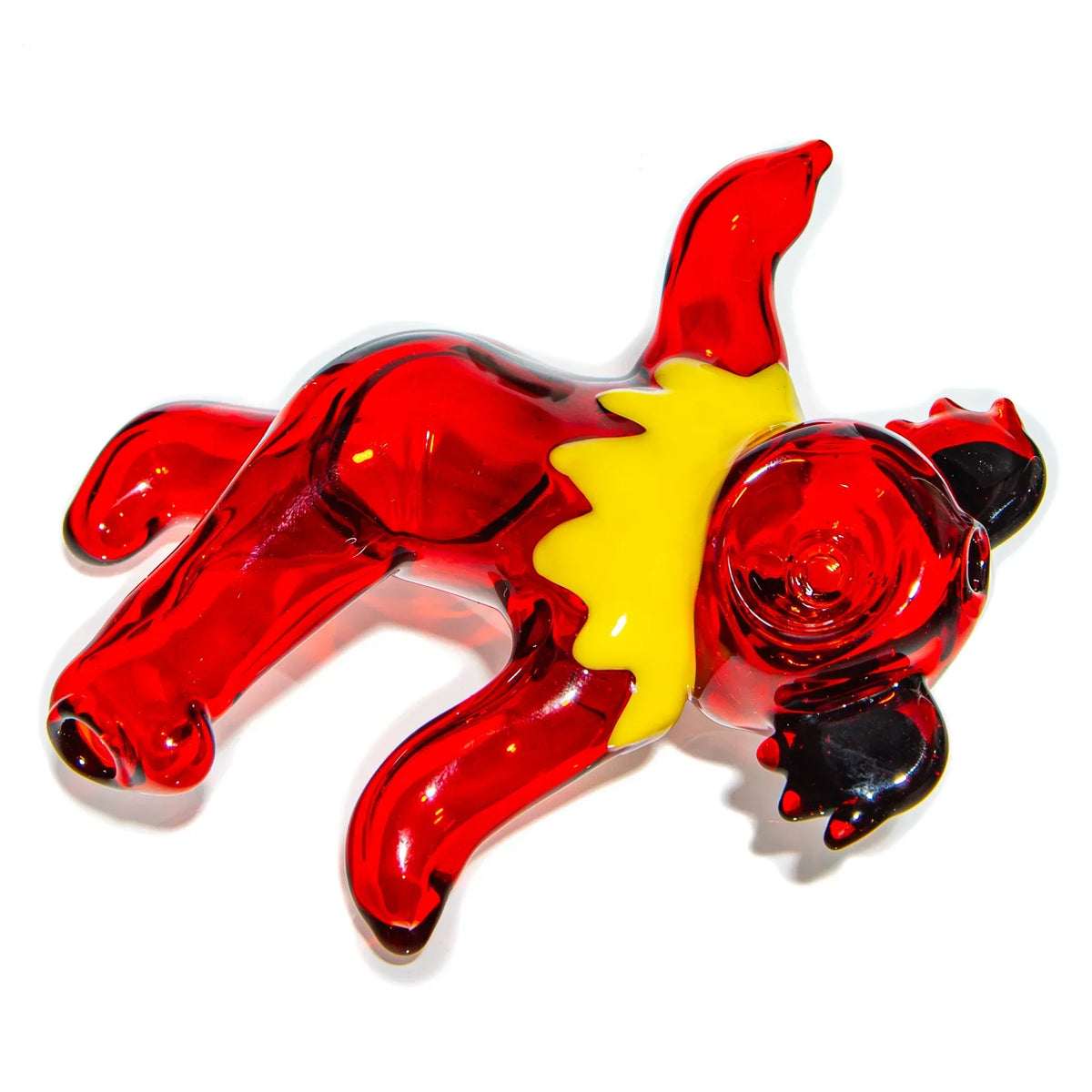 Red glass bear with yellow chest and black paws, art glass smoking pipe on white background