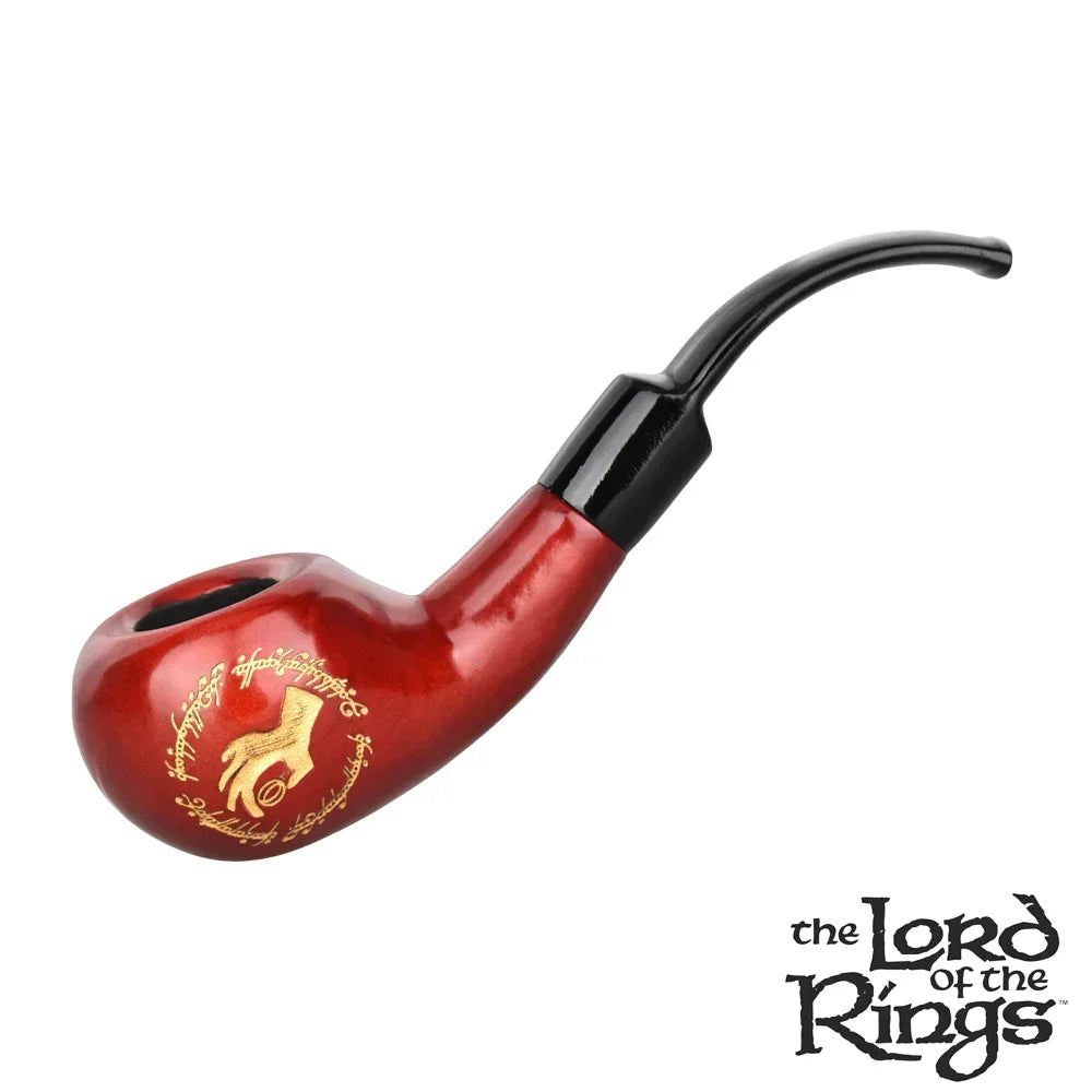 Red Lord of the Rings themed smoking pipe with gold hand and ring design, curved black stem