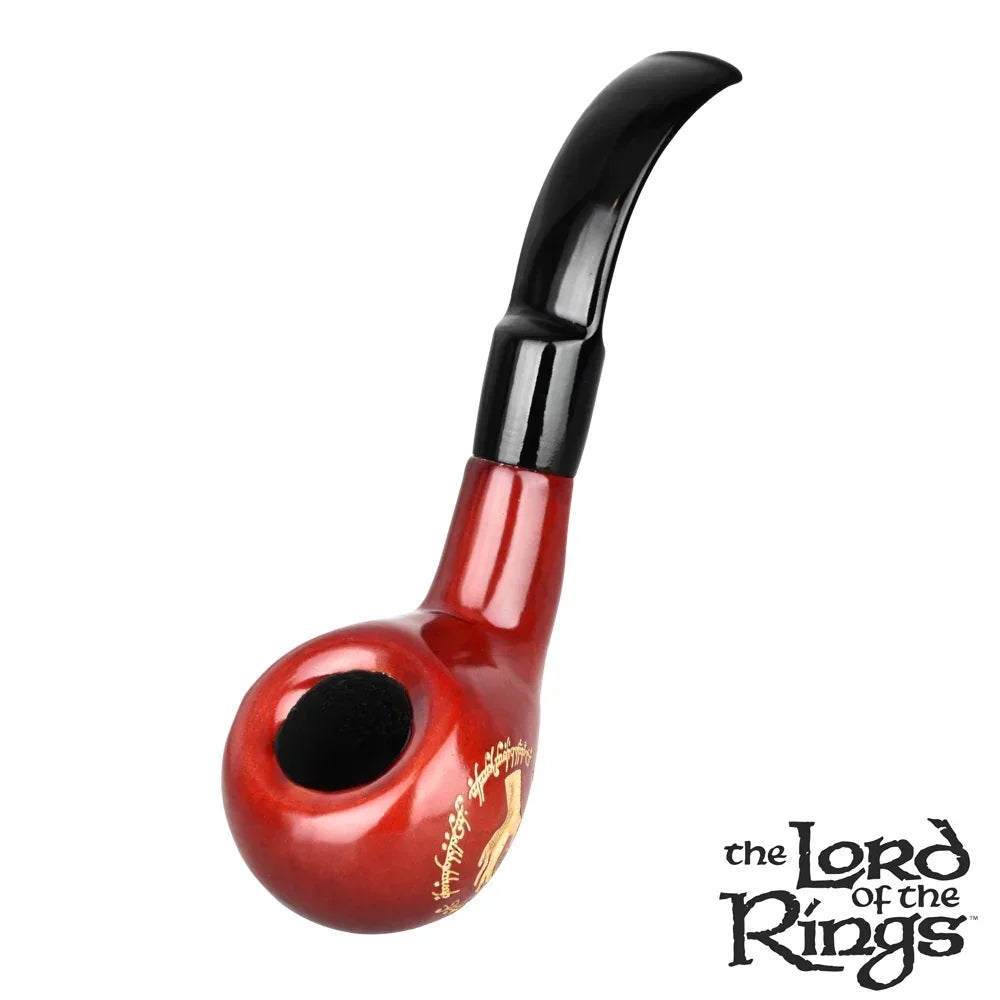 Red and black curved smoking pipe with gold decorative lettering, Lord of the Rings logo