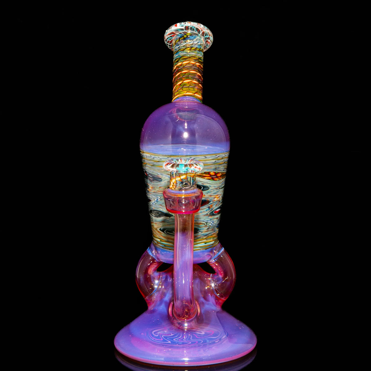 Colorful heady glass water pipe with intricate swirled patterns and iridescent finish
