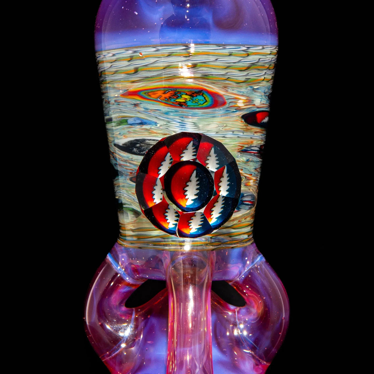Heady glass art water pipe with intricate colorful patterns and detailed millefiori accent