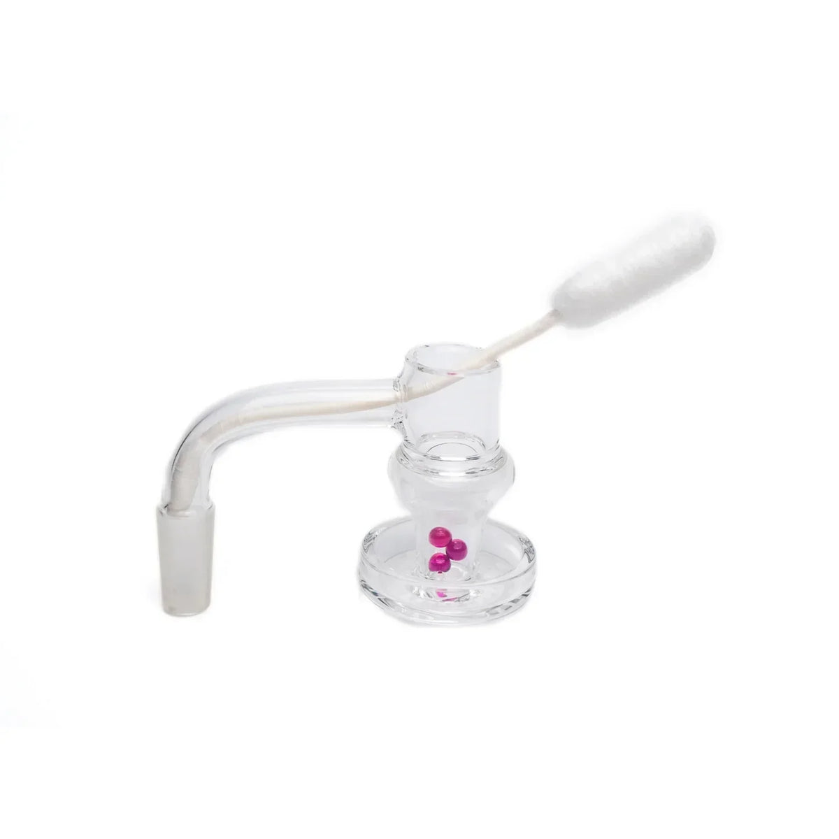 Quartz banger with pink terp pearls and cotton swab for glass rig cleaning