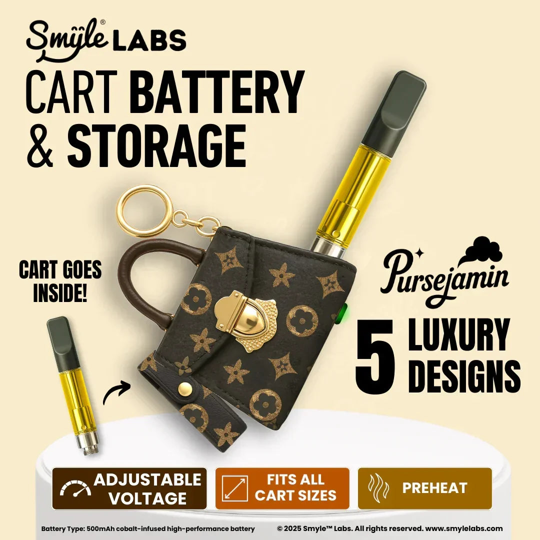 Luxury cart battery storage purse with adjustable voltage, fits all cart sizes, and preheat feature