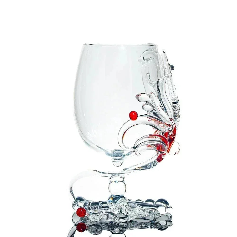 Hand-blown glass smokeware with intricate clear and red decorative swirl accents