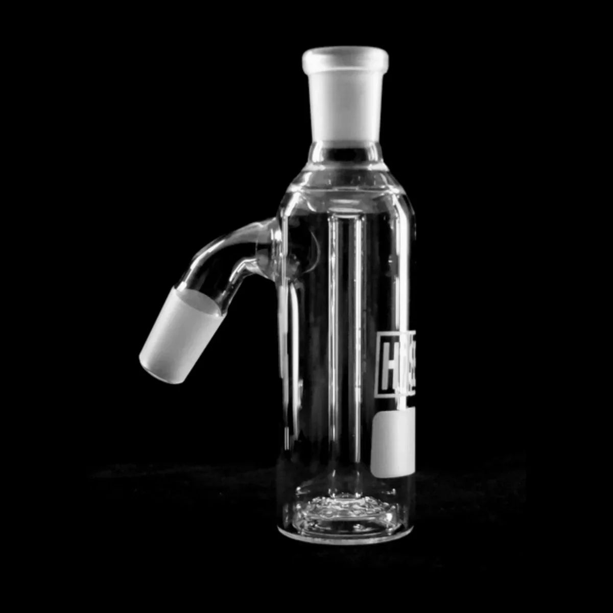 Clear glass ash catcher for water pipe on black background, premium smoking accessory
