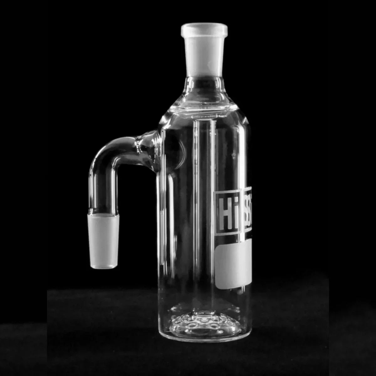 Clear glass ash catcher accessory with HiSi logo for water pipes, black background