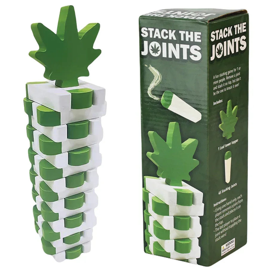 Stack the Joints game with green and white stacking pieces and leaf topper next to box
