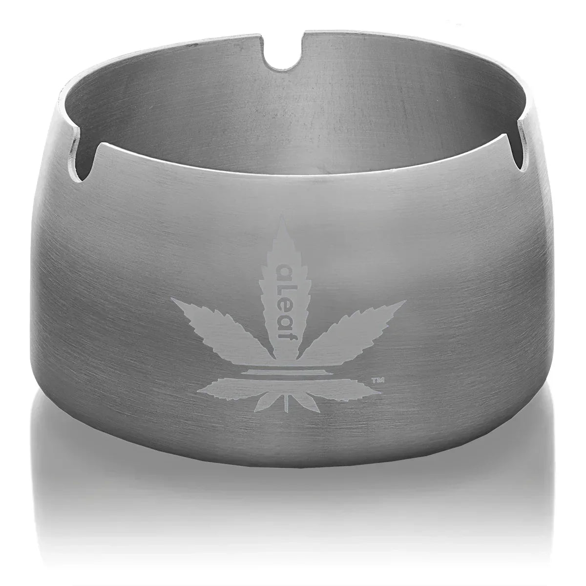 Stainless steel ashtray with leaf engraving and three notches for resting accessories