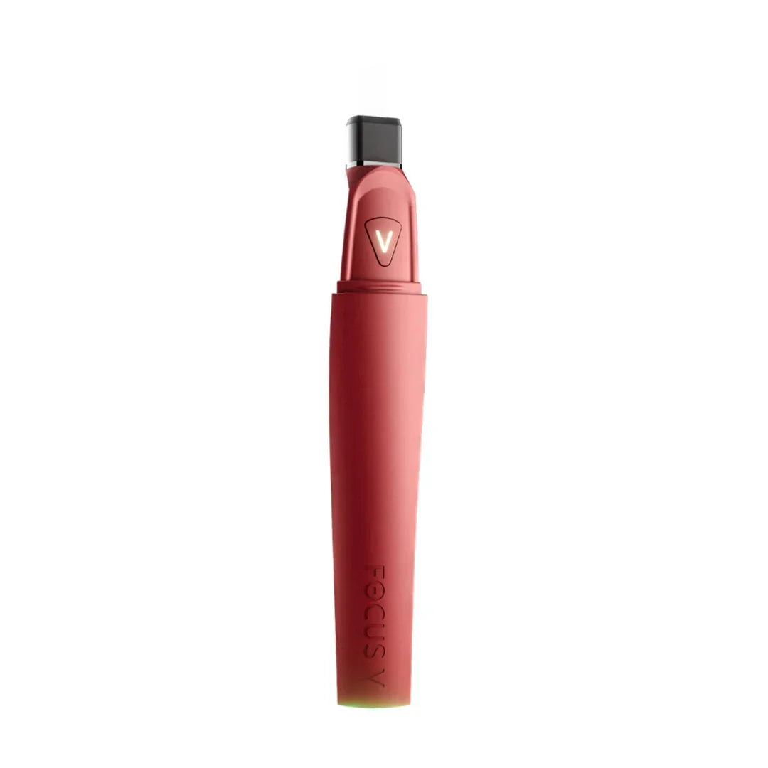 Red portable vaporizer pen with sleek design and Focus V logo, isolated on white background.