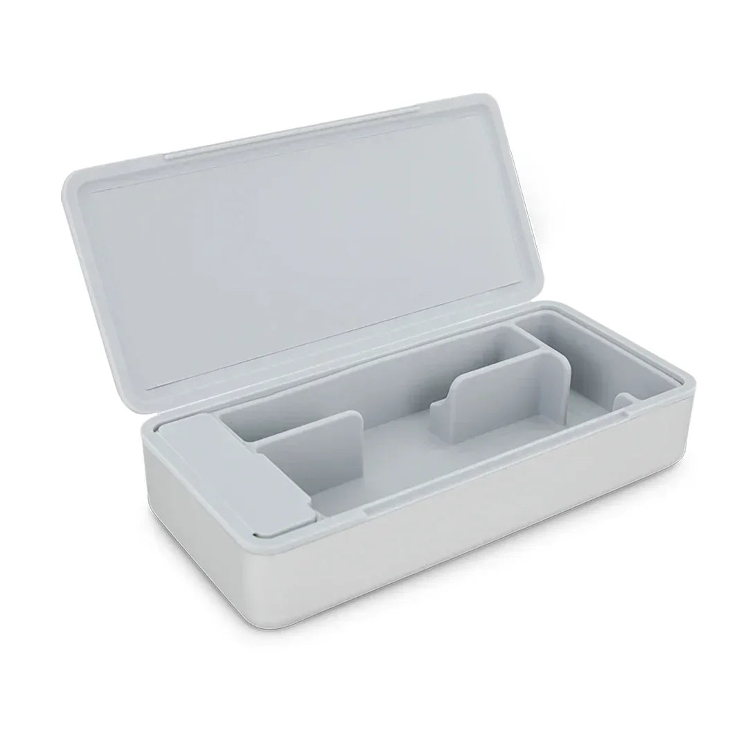 White plastic storage box with open lid and internal compartments, ideal for organizing accessories