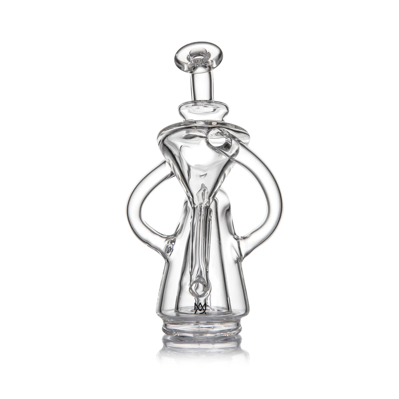 Clear glass recycler water pipe with unique sculpted curves on white background