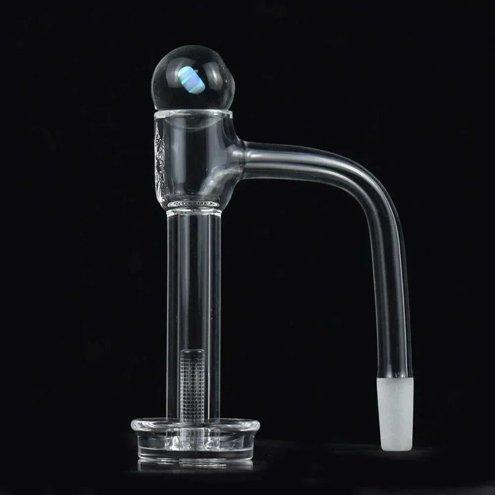 Clear glass dab rig attachment with cylindrical chamber and marble accent on black background