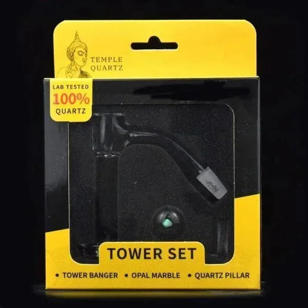 Temple Quartz Tower Set with quartz banger, opal marble, and quartz pillar in retail box