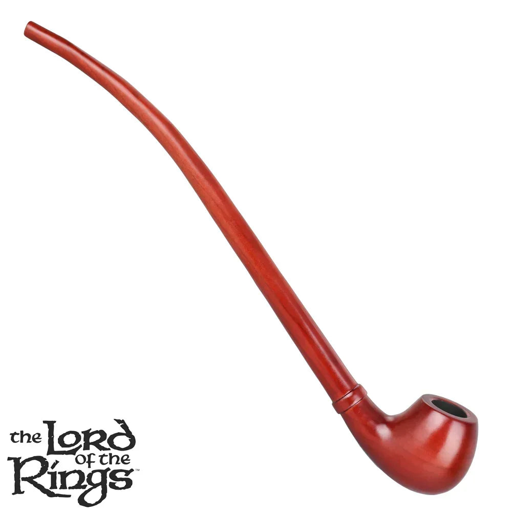 Long wooden smoking pipe with a curved stem and round bowl, Lord of the Rings logo