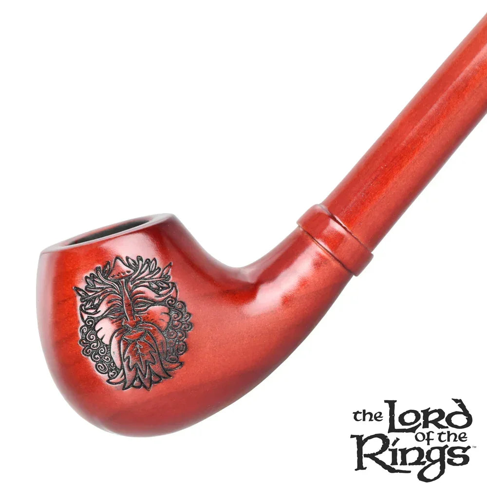 Red wood smoking pipe with engraved Treebeard design, Lord of the Rings logo in corner