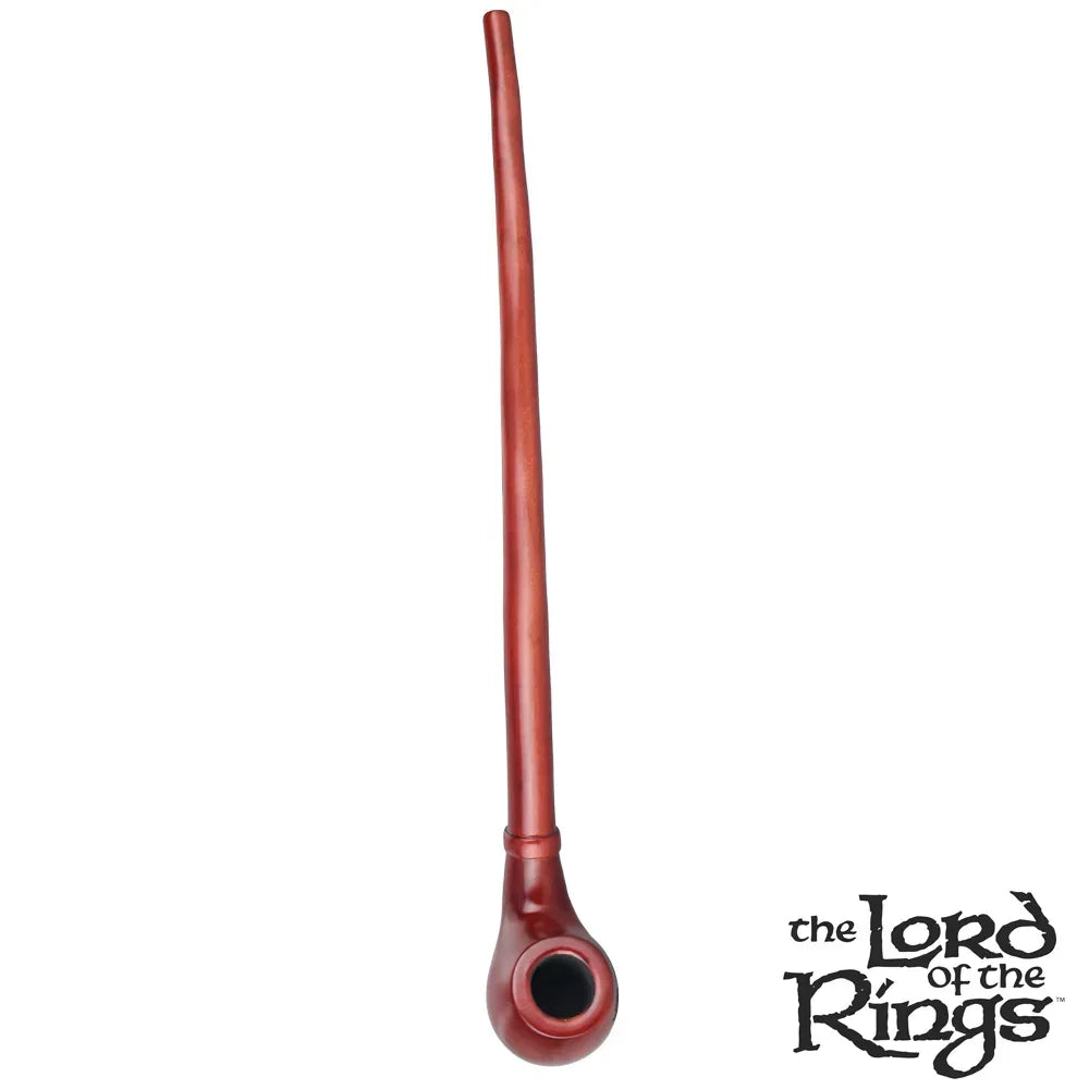 Top view of long wooden smoking pipe with Lord of the Rings logo on white background