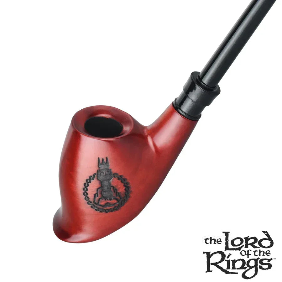 Red wood smoking pipe with Barad-dûr tower engraving and Lord of the Rings logo