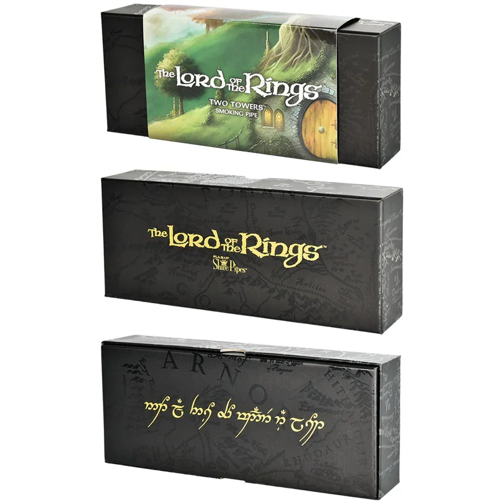 Three Lord of the Rings Two Towers smoking pipe boxes with themed artwork and logos.