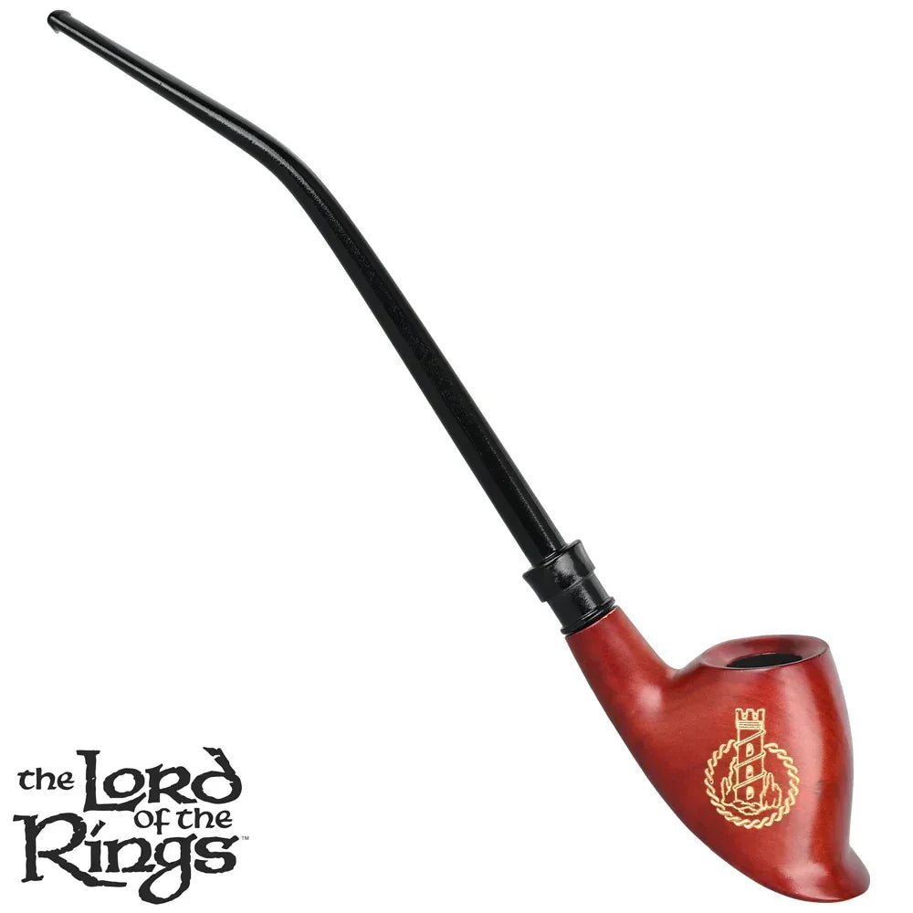 Lord of the Rings Orthanc wooden smoking pipe with long black stem and gold emblem