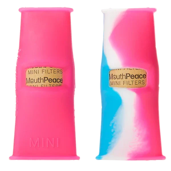 Colorful silicone MouthPeace Mini filters for vape or roll, pink and blue swirl, side by side