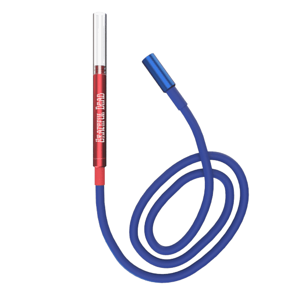 Blue silicone water pipe hose with red Grateful Dead mouthpiece and metal tip
