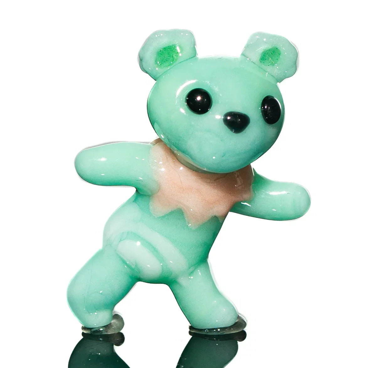 Handmade green glass bear figurine with black eyes and light pink collar, art glass collectible