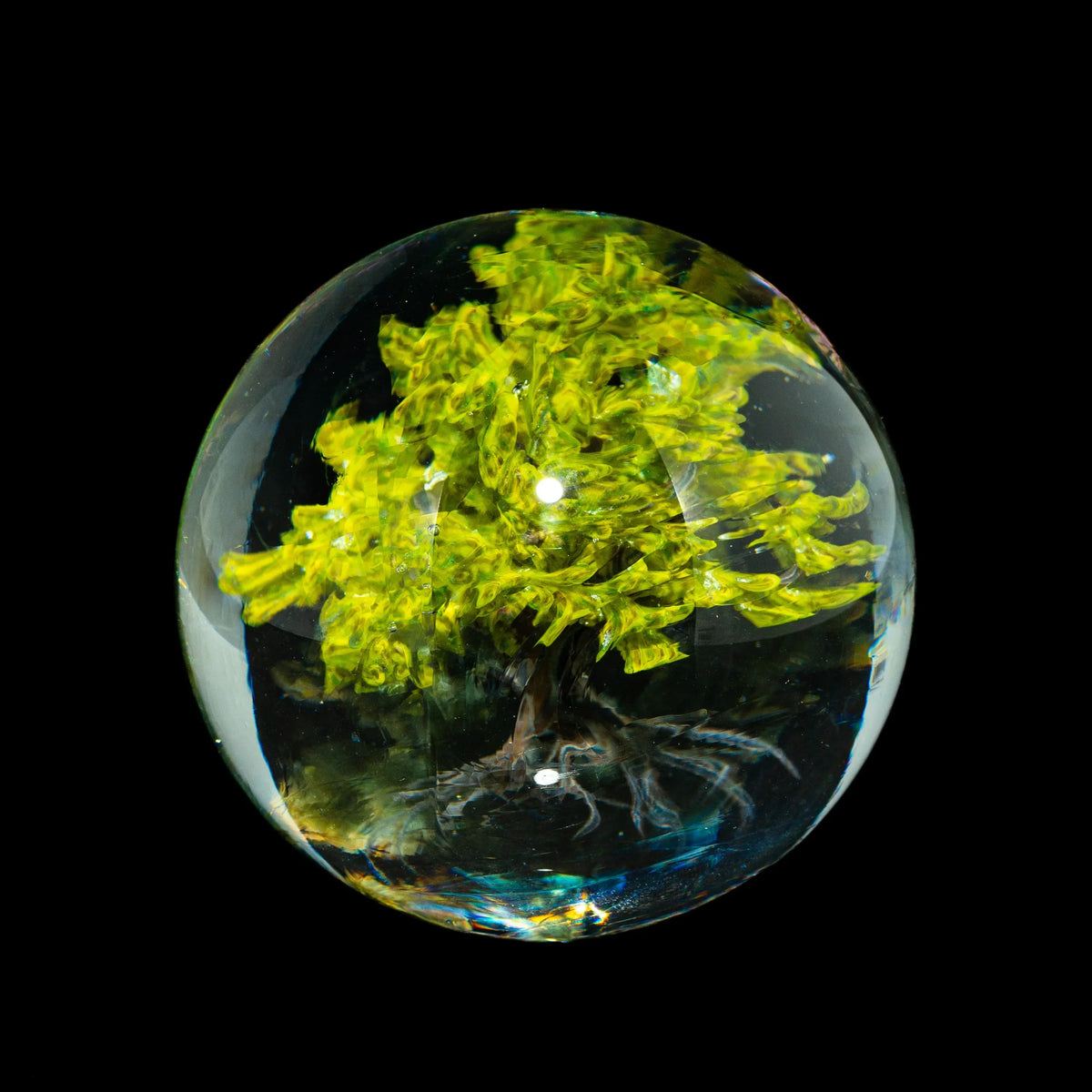 Hand-blown glass marble with detailed yellow-green tree design on black background