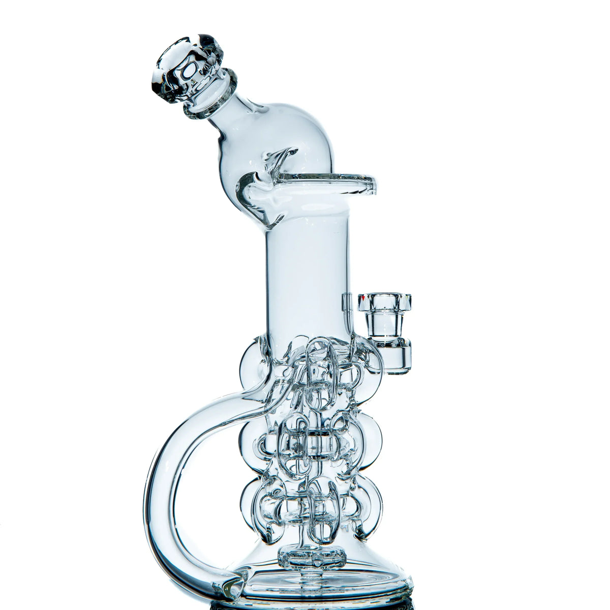 Clear heady glass water pipe with intricate recycler design on white background