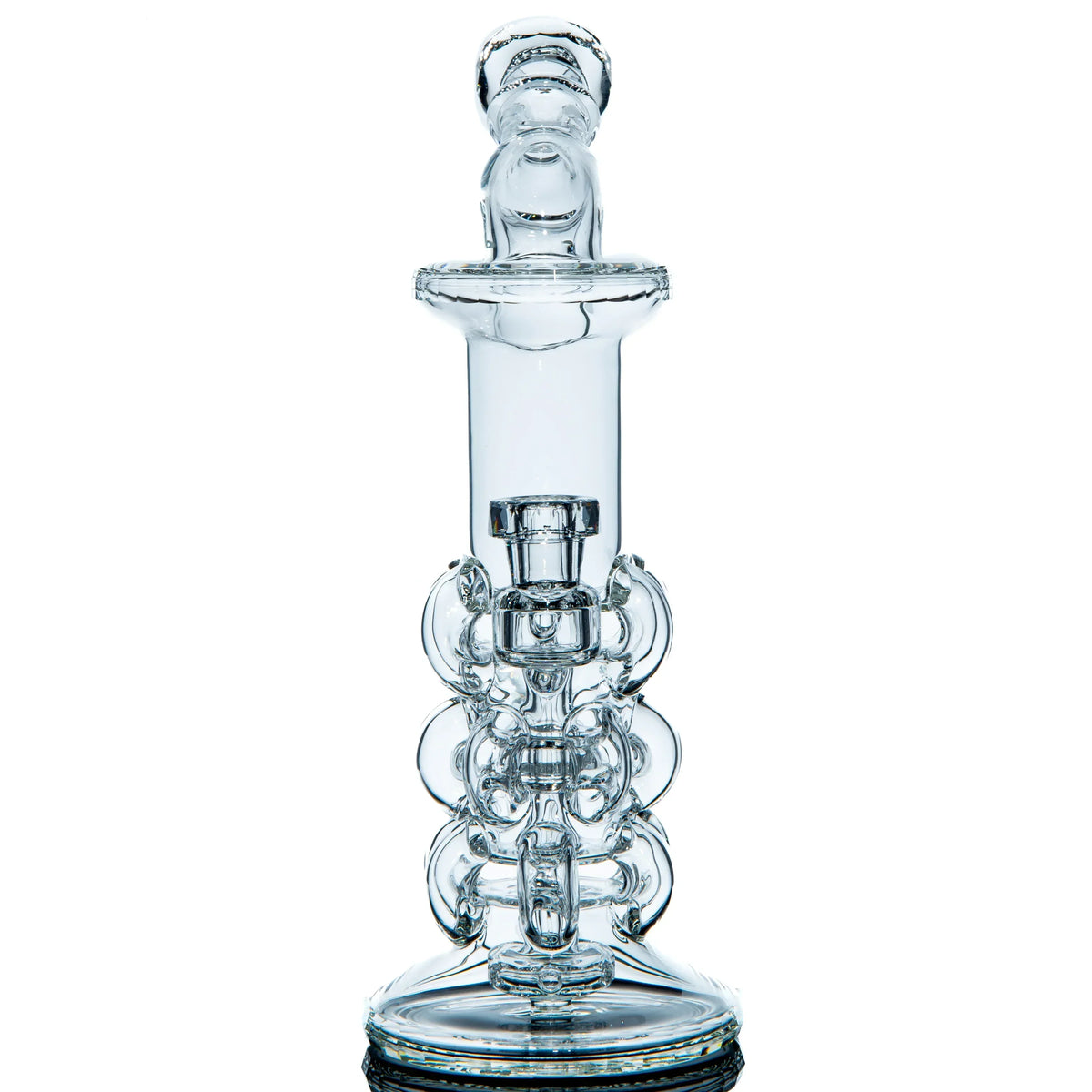 Clear glass water pipe with intricate recycler design on white background