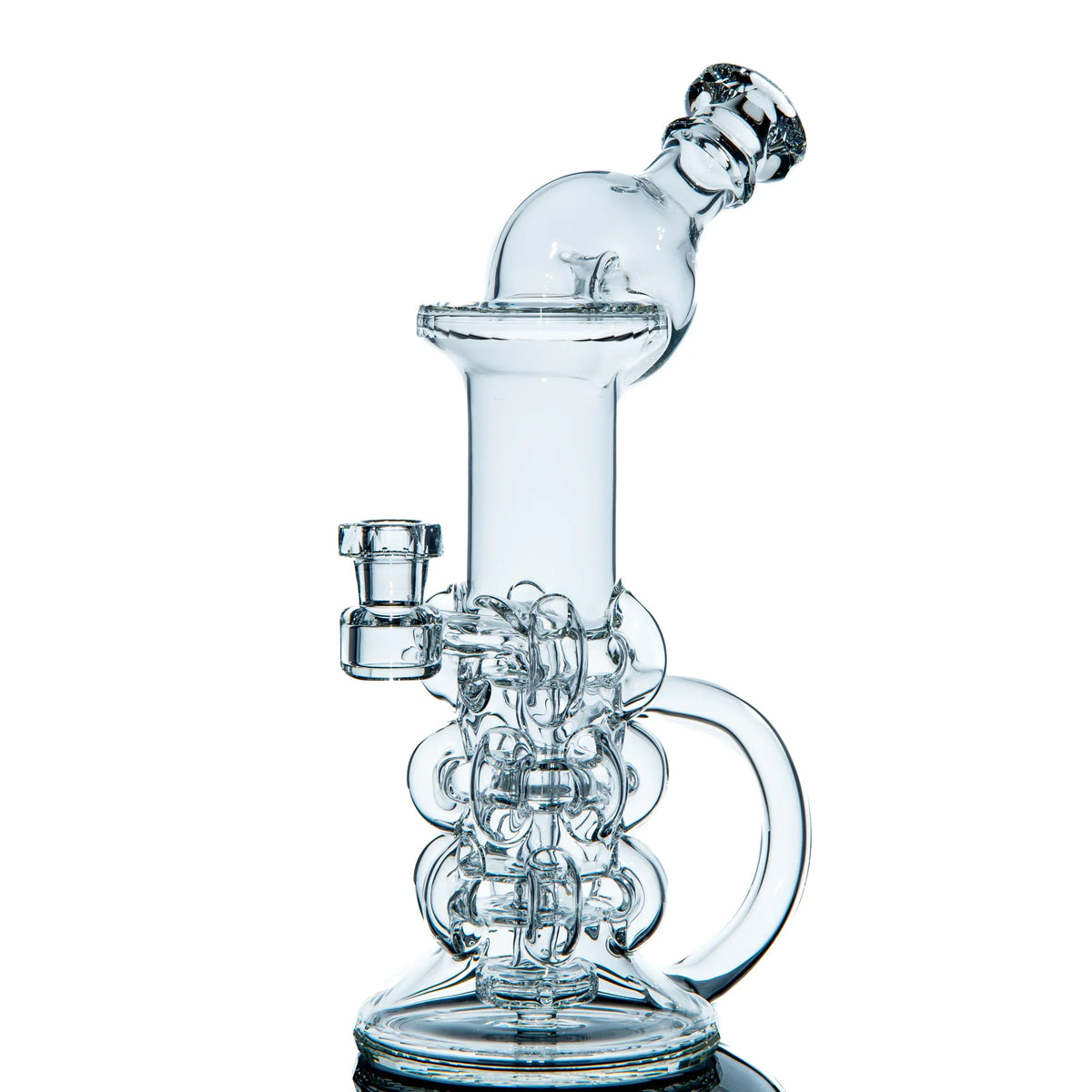 Clear glass recycler water pipe with intricate percolator design on white background