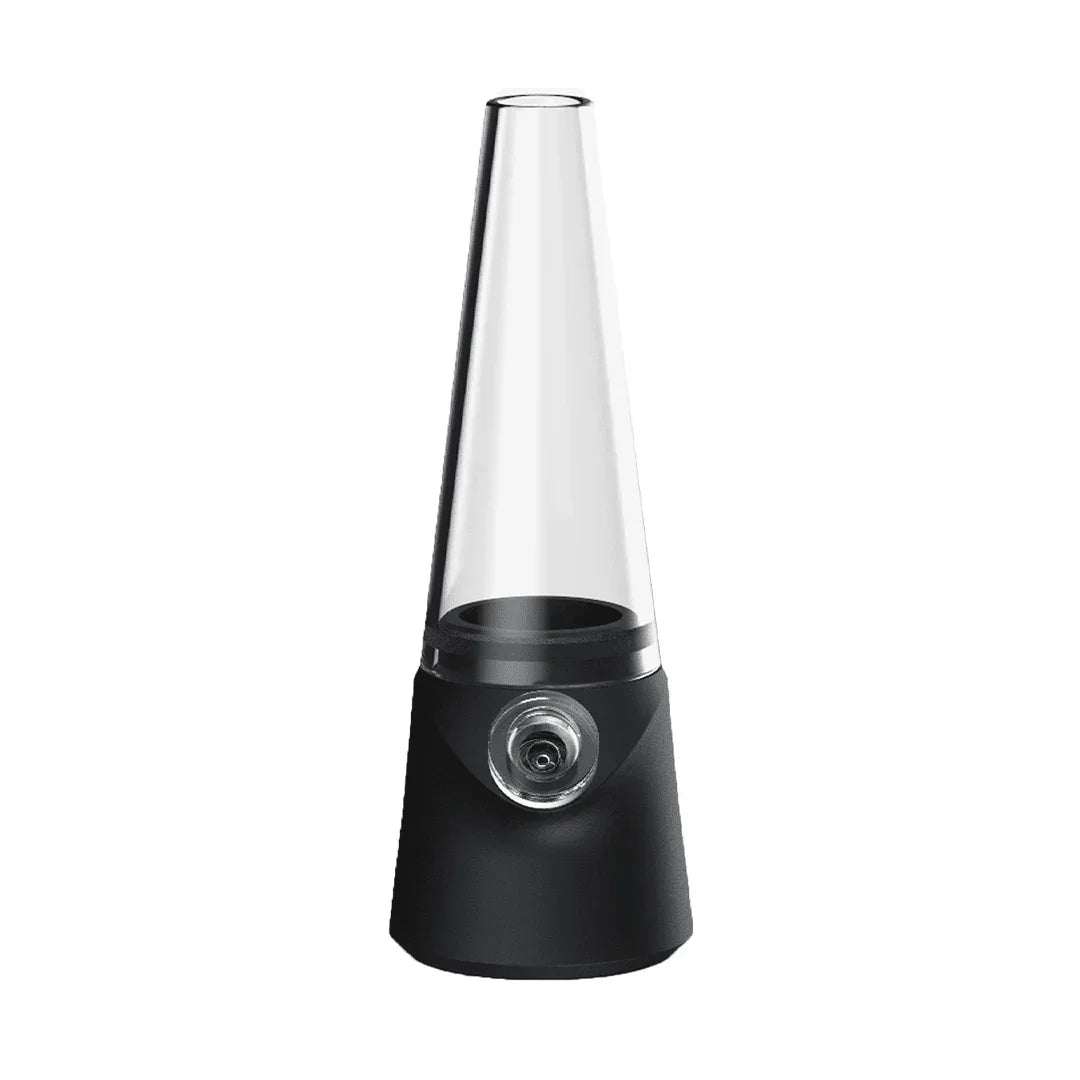Clear glass vaporizer attachment with a black base on a white background