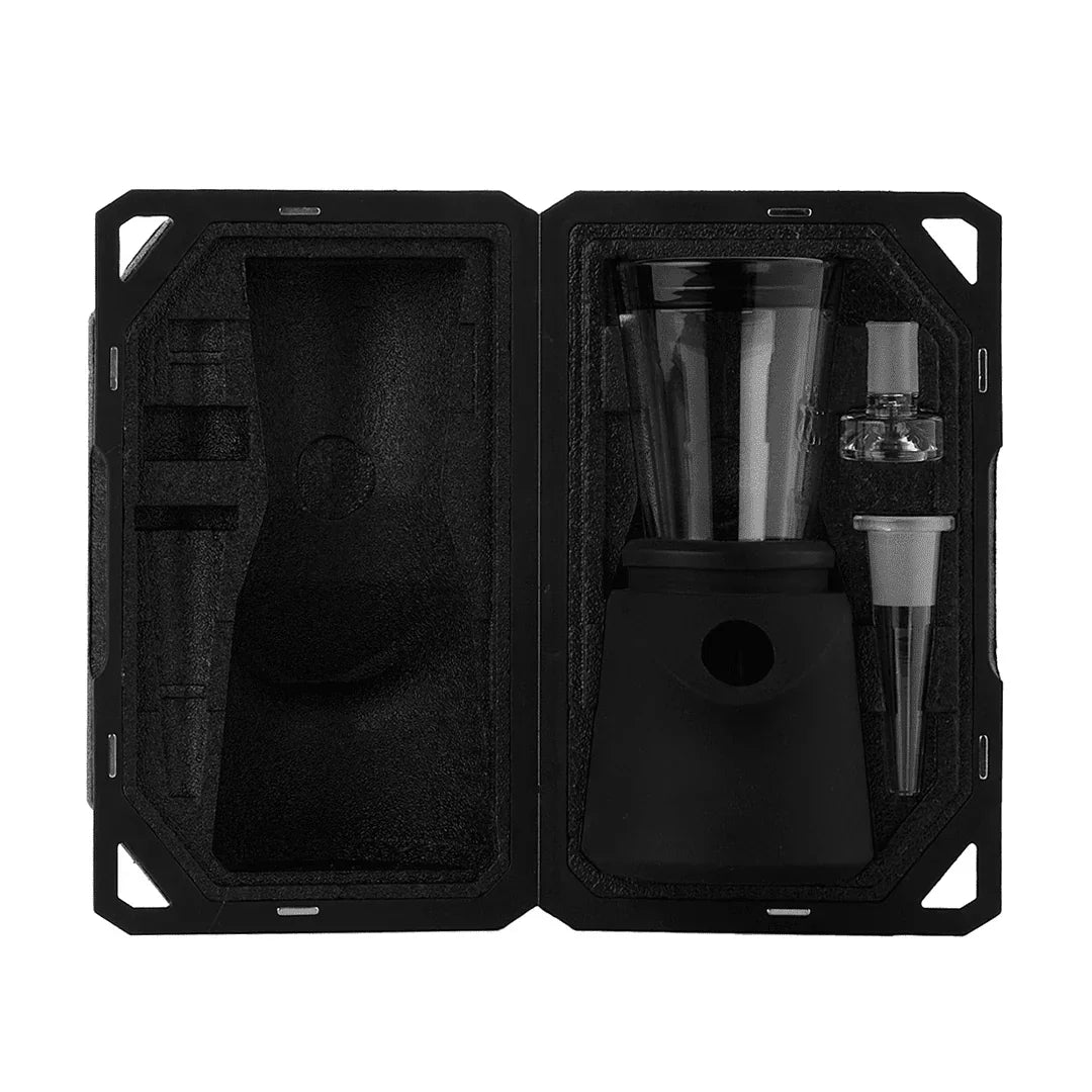 Portable vaporizer kit with glass attachment, mouthpiece, and accessories in a black case