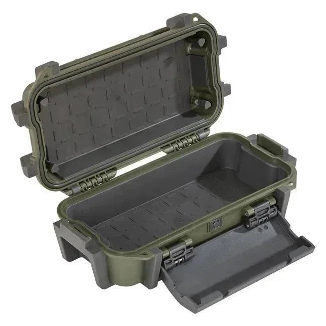 Olive green waterproof storage case with textured interior, ideal for protecting glass pipes or vaporizers.