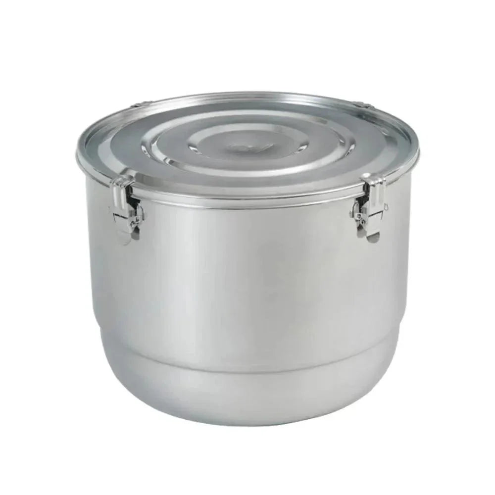 Stainless steel airtight storage container with secure locking lid on white background