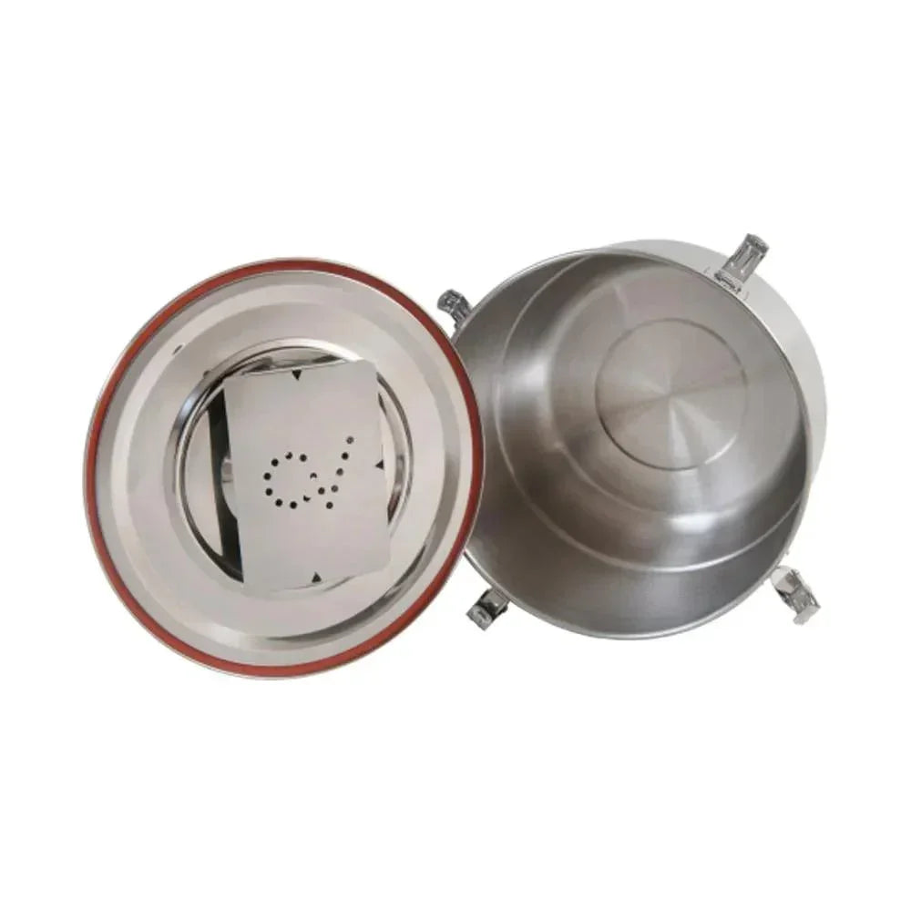 Stainless steel vacuum chamber with lid and clamps, viewed from above