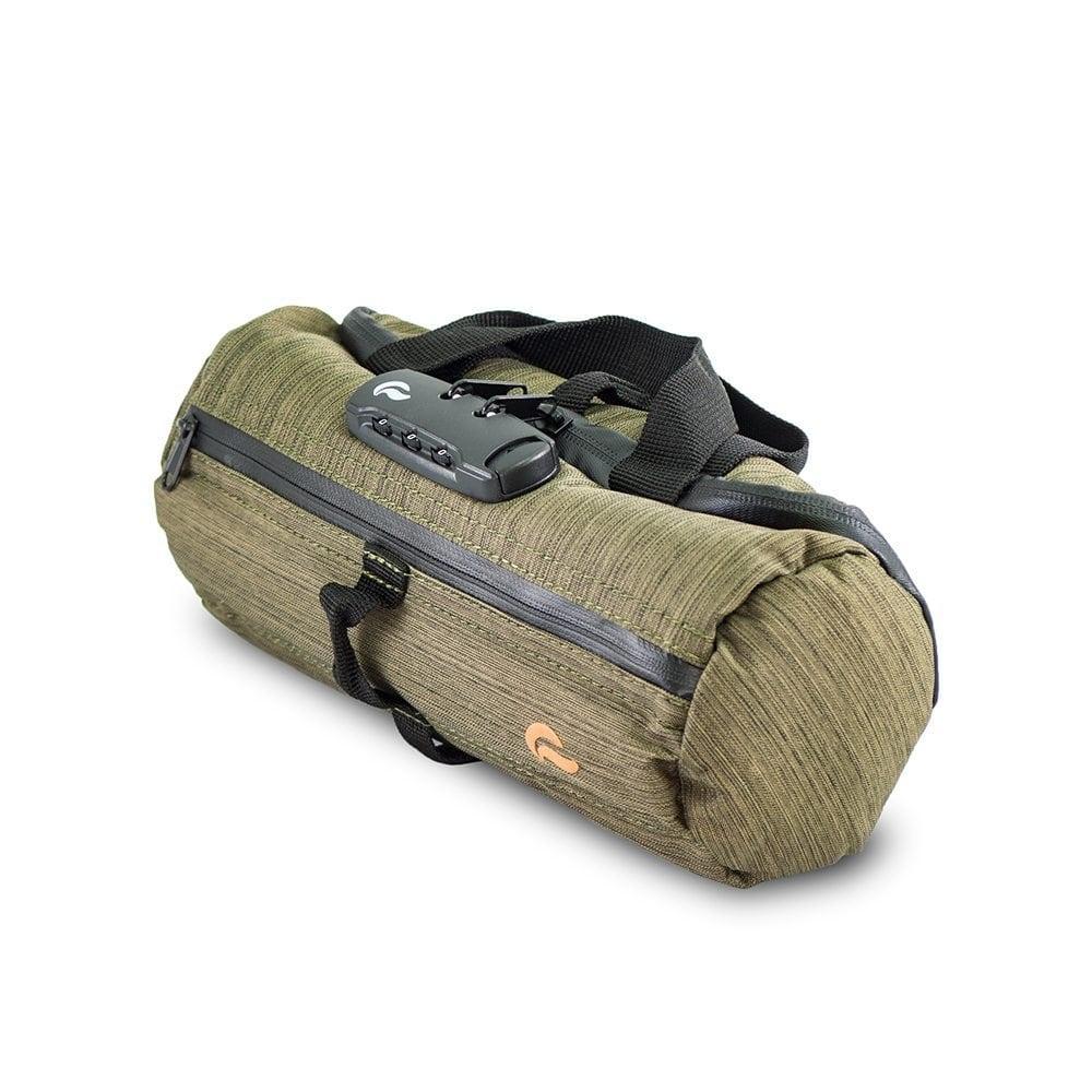 Olive green smell-proof duffel bag with lock and zipper, travel storage accessory